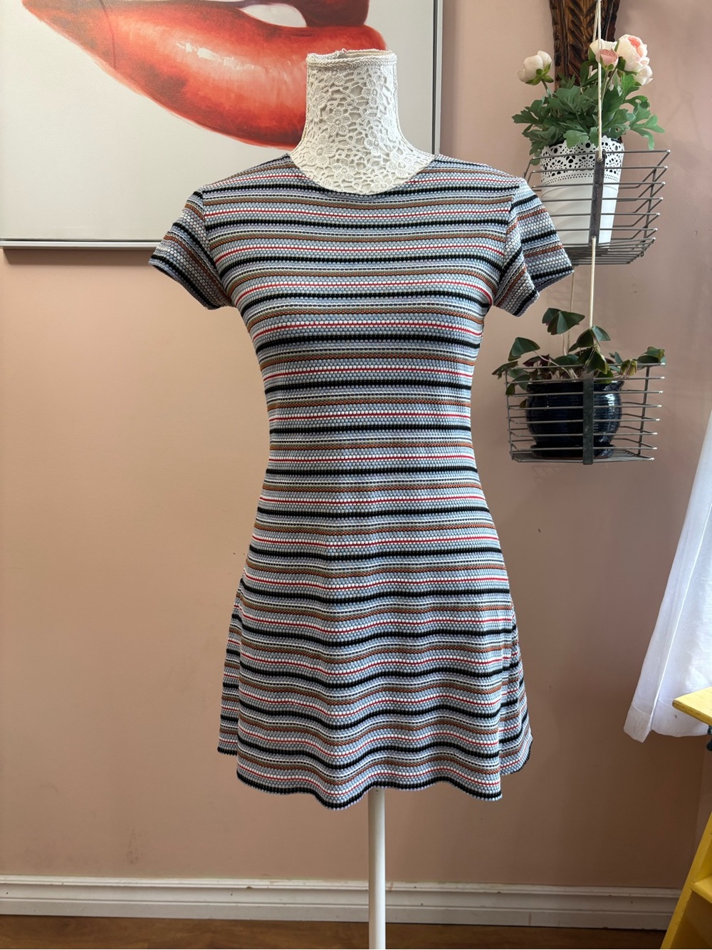 Vintage Short-Sleeve Striped Knit Mini Dress in Blue, Pink, Black & Cream